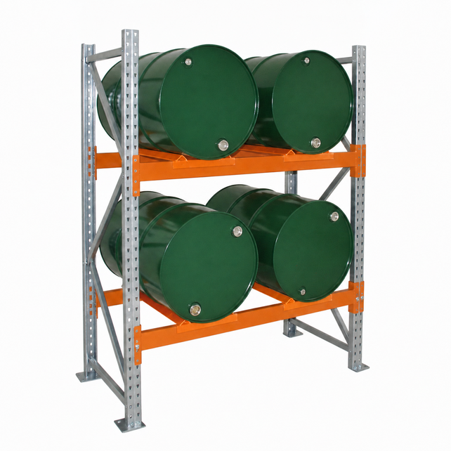 4 Drum Horizontal Steel Drum Rack with 270L Sump Tray – 2 Levels, 600kg per Level