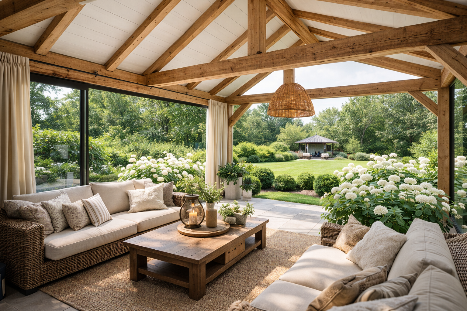 Landelijke-aanbouw-tuinkamer-op-maat-met-houten-balken-en-grote-ramen