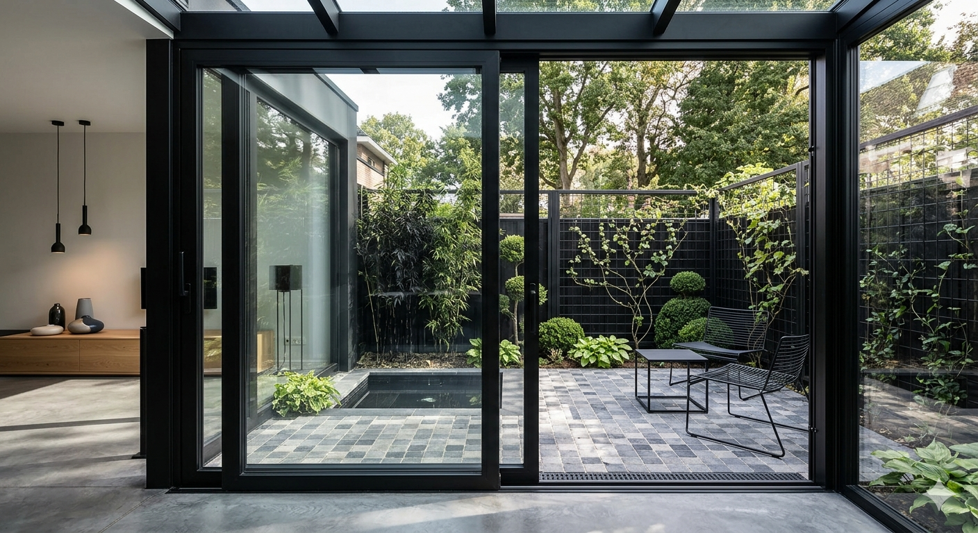 Glazen-schuifpui-in-moderne-aanbouw-tuinkamer