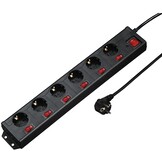 Stekkerdoos zwart 6-voudig met schakelaars en overspanningsbeveiliging
