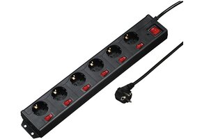 Stekkerdoos zwart 6-voudig met schakelaars en overspanningsbeveiliging