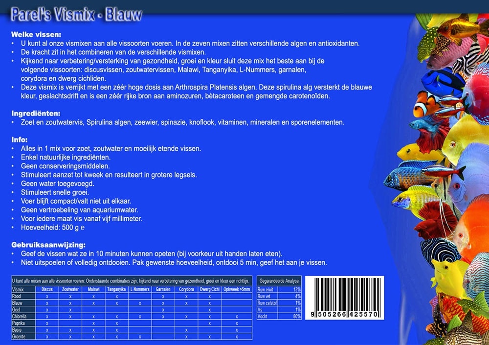 Parels Vismix Blauw 500 gram - diepvriesvoer