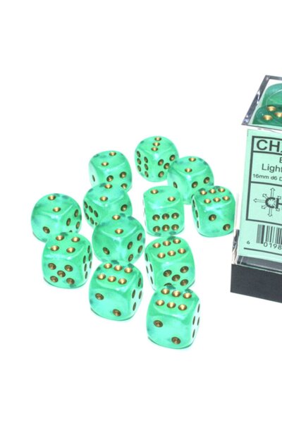 Set of 12 D6 dice, Borealis, light green / gold, Luminary - Celtic Webmerchant