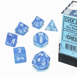 Polyhedral 7 Dice Set, Borealis, Sky Blue / White, Luminary - Celtic Webmerchant