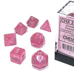 Polyhedral 7 dice set, Borealis, pink / silver, Luminary - Celtic Webmerchant