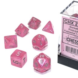 Set di dadi a 7 dadi poliedrici, boreale, rosa / argento, luminaria - Celtic Webmerchant