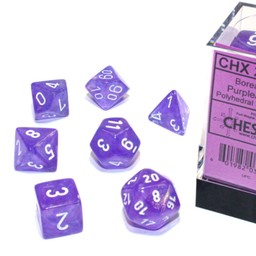Polyhedral 7 dice set, Borealis, purple / white, Luminary - Celtic Webmerchant