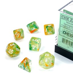 Polyhedral 7 dice set, Nebula, spring / white, Luminary - Celtic Webmerchant