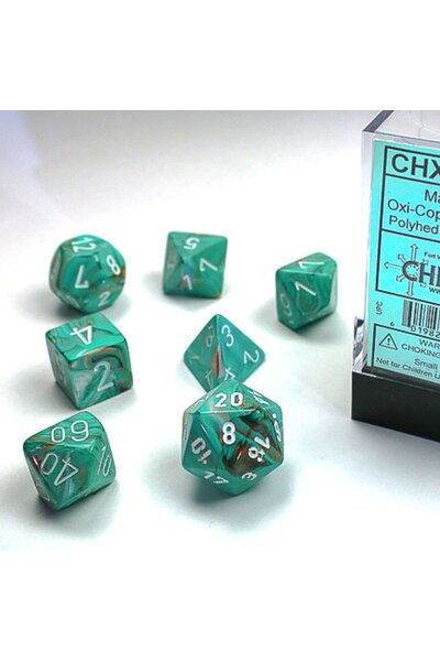 Set di dadi a 7 dadi poliedrici, marmo, oxi-rame / bianco - Celtic Webmerchant