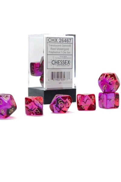 Polyhedral 7 dice set, Gemini, Translucent Red-Violet/gold - Celtic Webmerchant