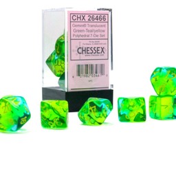 7 dobbelstenen, Polyhedral, Gemini, Translucent groen-blauwgroen / geel - Celtic Webmerchant