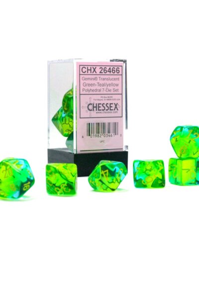 Set di dadi a 7 dadi poliedrici, gemelli, traslucido verde verde/giallo - Celtic Webmerchant