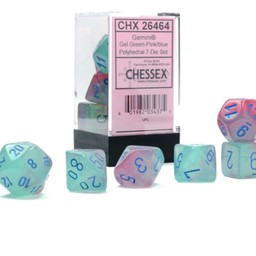 Polyhedral 7 Dice Set, Gemini, Gel Green-Pink/Blue Luminary - Celtic Webmerchant