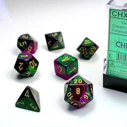 Polyhedral 7 dice set, Gemini, green-purple / gold - Celtic Webmerchant