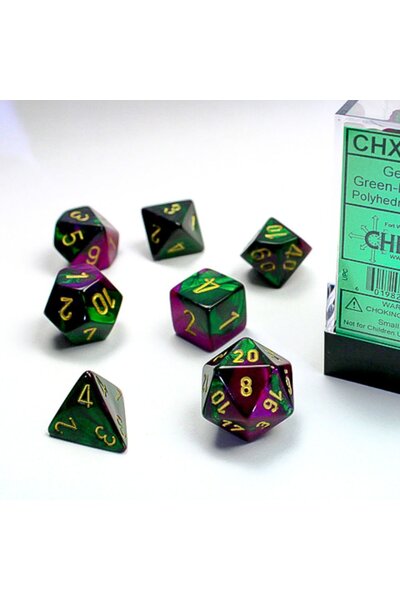 Conjunto de dados de 7 poliédricos, Géminis, verde-morado / oro - Celtic Webmerchant