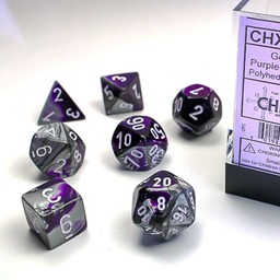 Polyhedral 7 Dice Set, Gemini, Purple Steel / White - Celtic Webmerchant