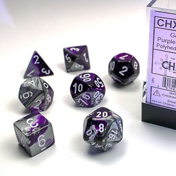 Polyhedral 7 dice set, Gemini, purple-steel / white - Celtic Webmerchant