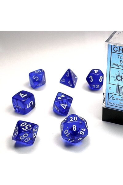 Gennemsigtig polyhedral 7 terninger sæt, blå/hvid - Celtic Webmerchant