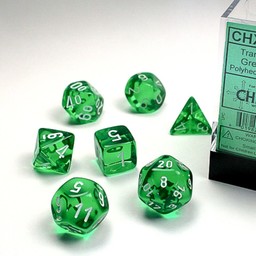 Gennemsigtig polyhedral grøn/hvid, 7 terninger - Celtic Webmerchant