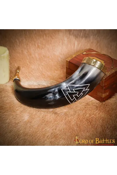 Drinking horn with valknut and brass fittings - Celtic Webmerchant