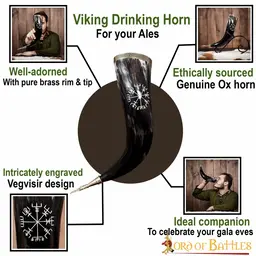 Drinking horn with vegvisir and brass fittings - Celtic Webmerchant