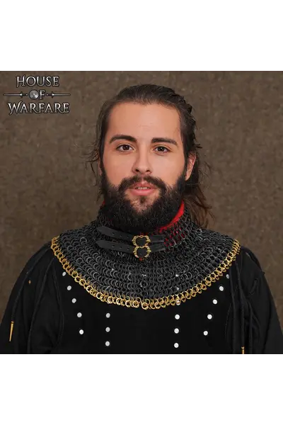 Chain mail coif, black, mixed riveted flat rings, 9 mm, brass edge - Celtic Webmerchant