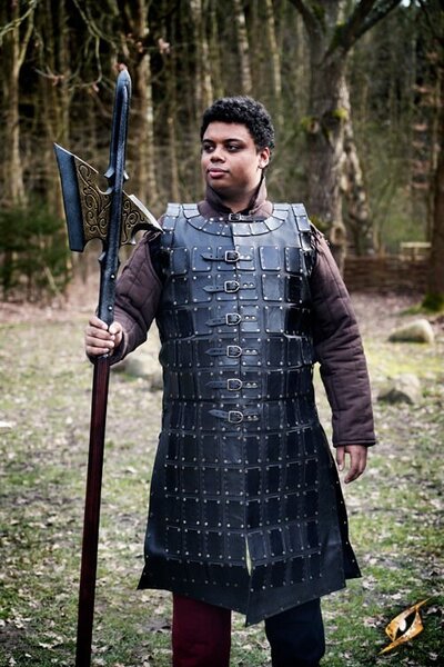 Leren brigandine lang, zwart - Celtic Webmerchant