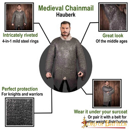 Hauberk met split, platte ringen, ronde klinknagels 9 mm - Celtic Webmerchant