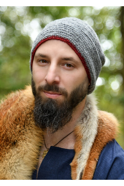 Gorro de ganchillo, 100% lana, gris - rojo vino - Celtic Webmerchant