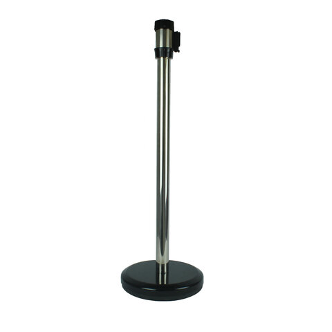 Chrome queue barrier post with black retractable belt