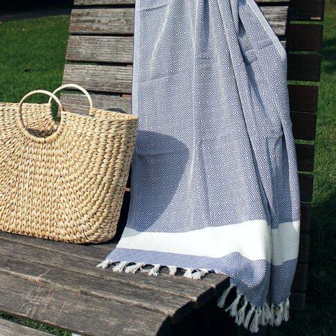 Hamamtuch CHARLOTTE | Blau-Creme | ca. 100/170 cm | 100%  Bio-Baumwolle