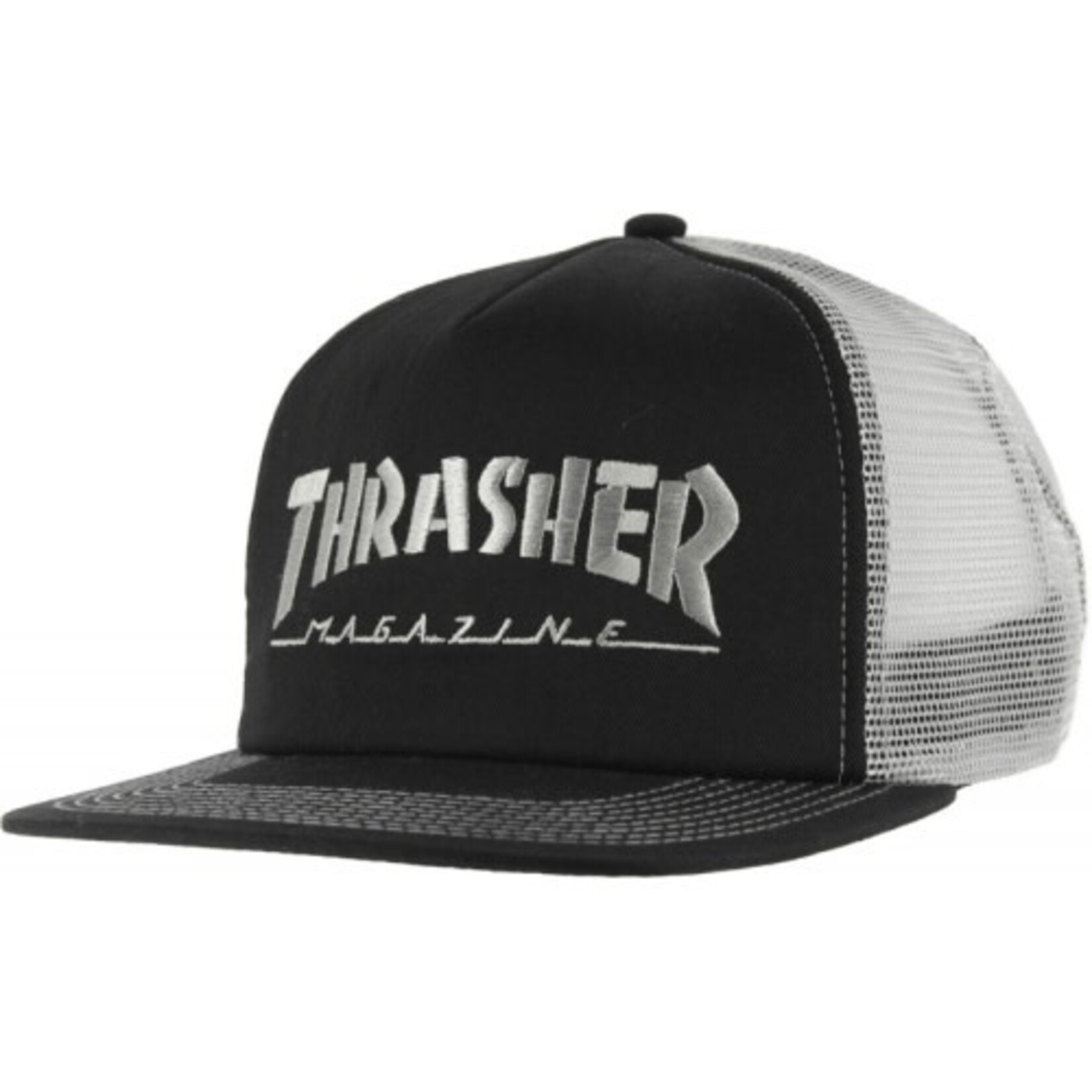 THRASHER THRASHER LOGO EMBROIDED MESH CAP BLACK GREY