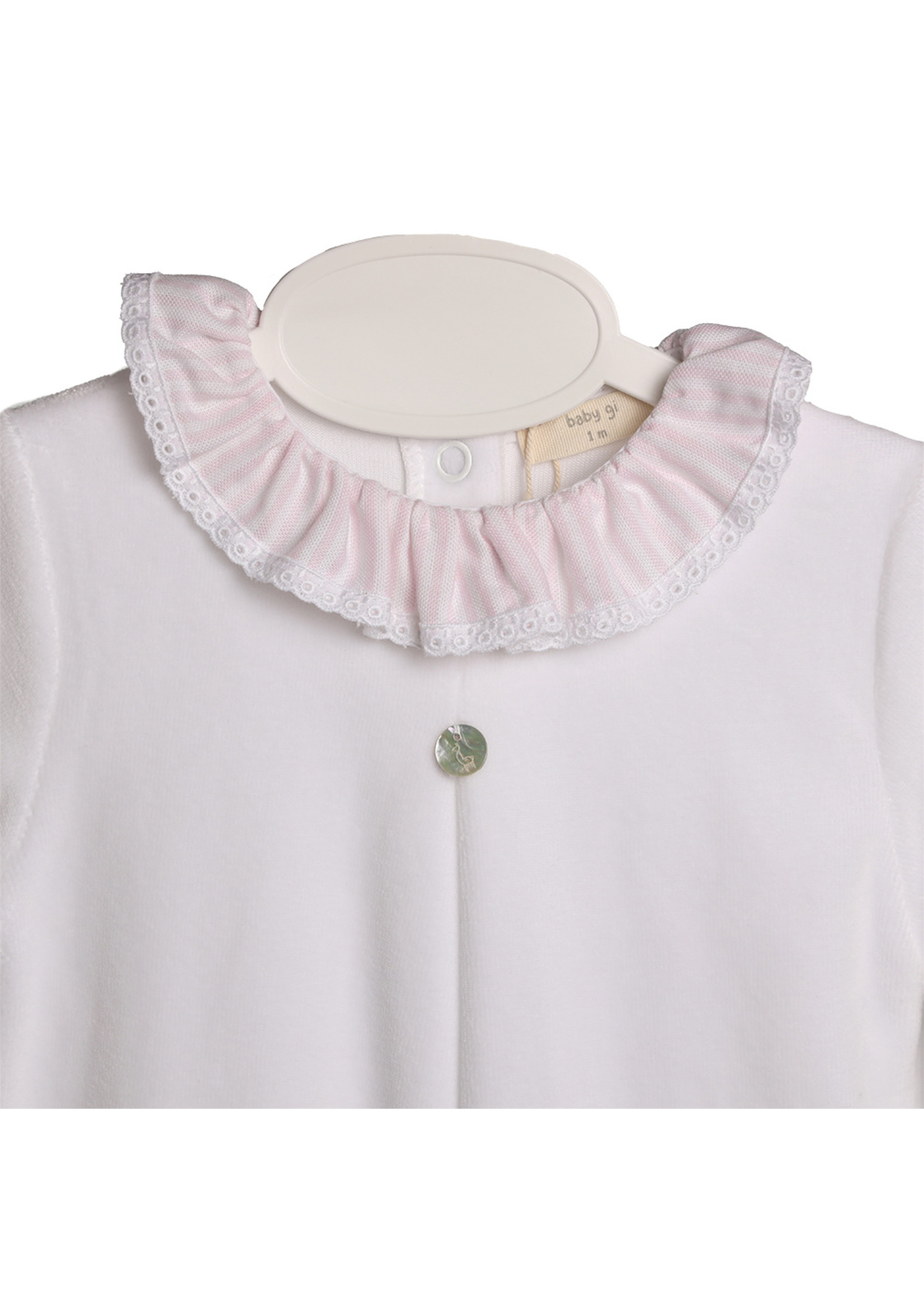 baby gi velour babygrow with frilly collar  pink detail white