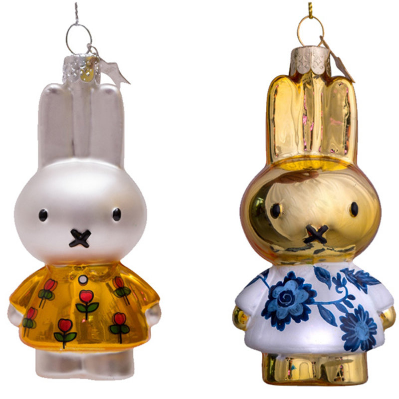 Ornament glass miffy Delft blue/tulips set 9cm - 3.5"