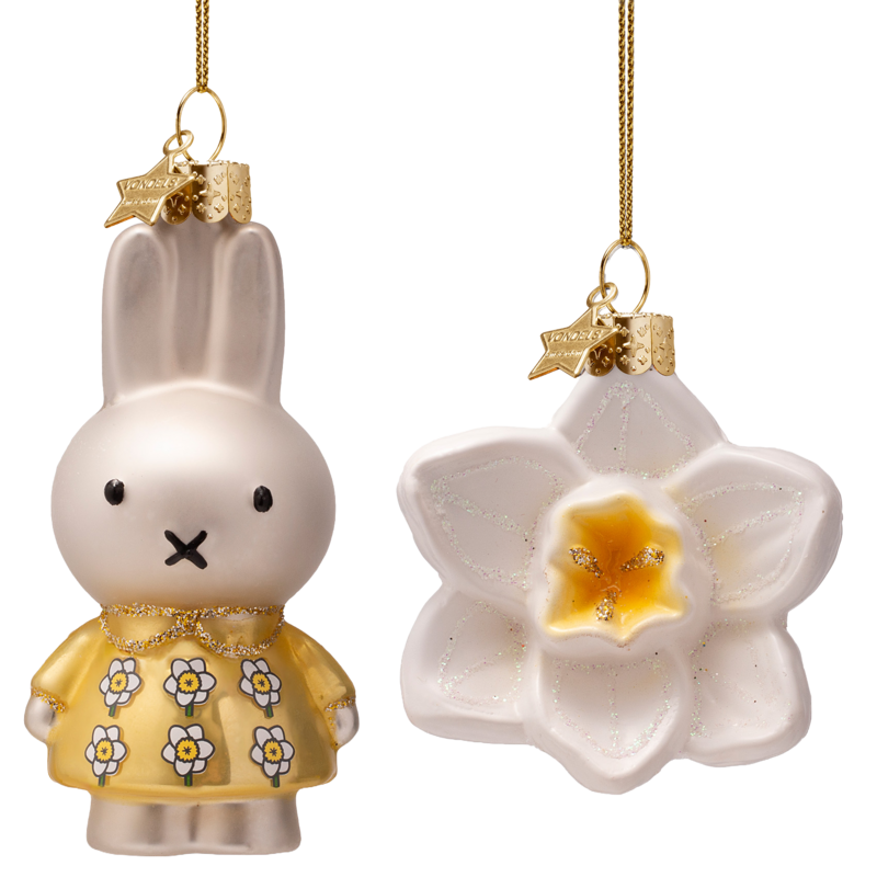 Oster-Set aus Glasornamenten: Miffy & Narzisse, gelb