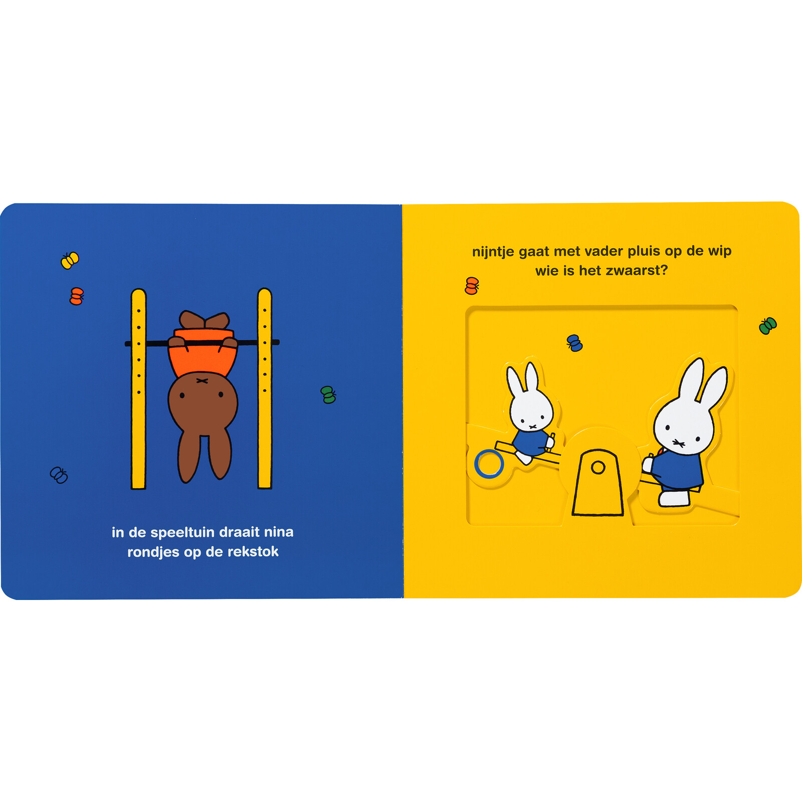 kartonboek met schuifjes, nijntje en nina spelen samen