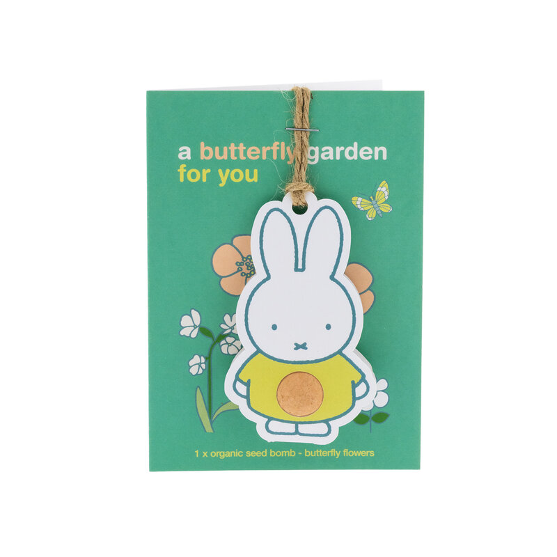 Miffy-Anhänger mit Blumensamenbombe und Karte – Schmetterlingsgarten für dich
