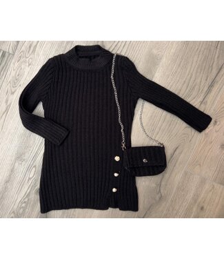 Knitted Button Dress Met Tasje - Zwart
