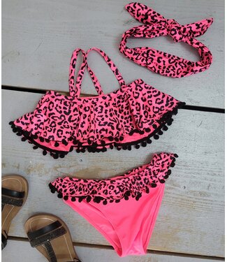 Leopard Bikini Met Haarband - Neon Roze