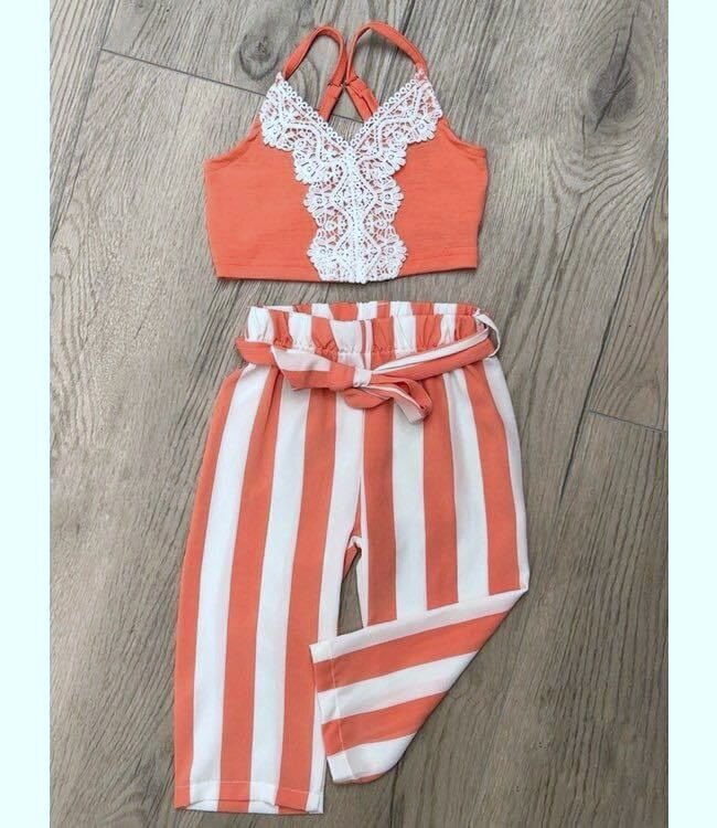 Stripe 2 Delig Setje - Coral/Wit