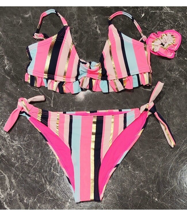 Stripe Bikini met scrunchie - Roze/Blauw/Goud