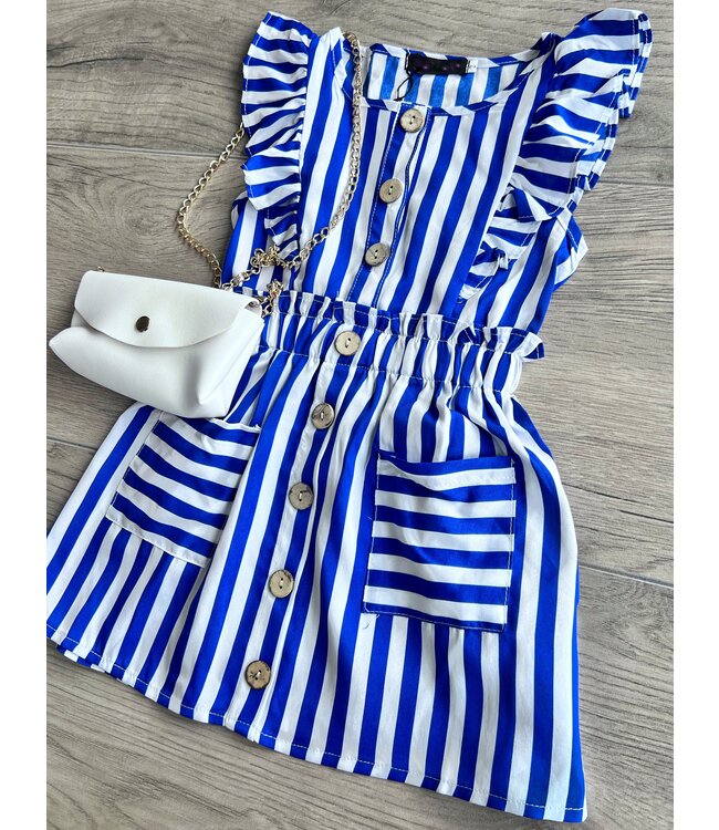 Gestreepte jurk met ruffle mouwtjes (Mét tasje) - Blauw/Wit