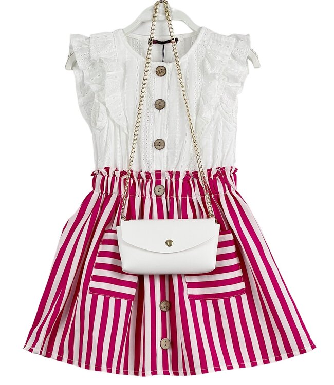 Basic stripe ruffle dress (met tasje) - Wit/Fuchsia