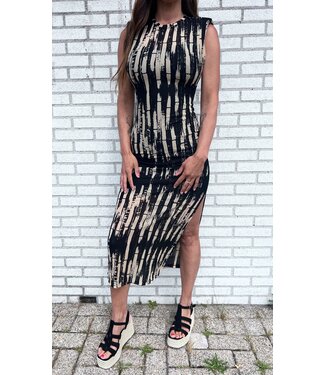 Lange jurk met split - Zwart/Beige