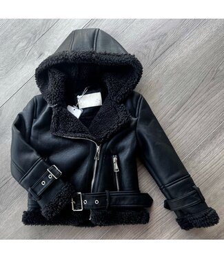 Leatherlook Teddy Jacket  (Met Capuchon) - Zwart/Zwart