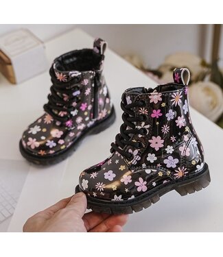 Gevoerde veter boots - Flowers (Zwart)