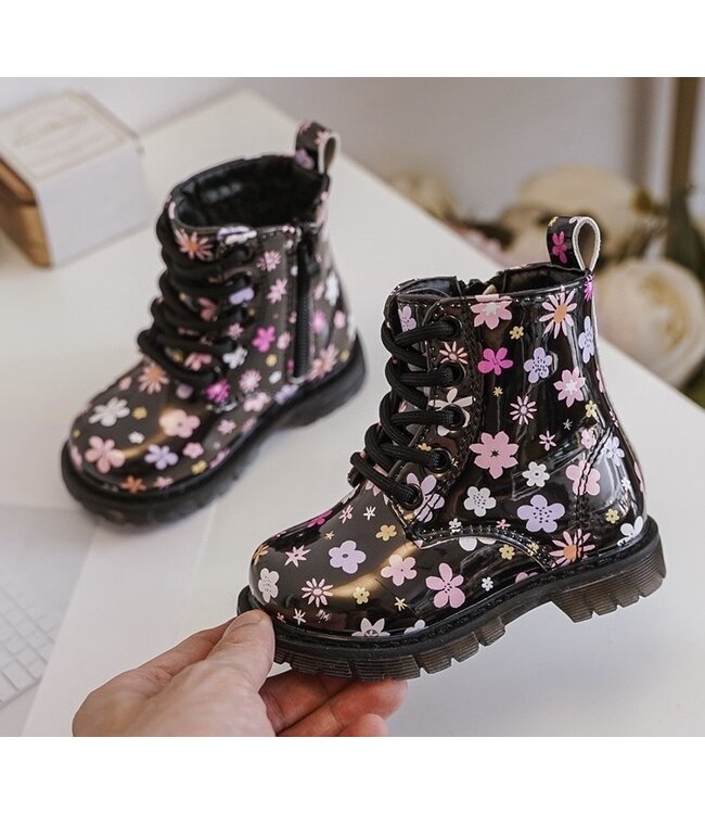 Gevoerde veter boots - Flowers (Zwart)