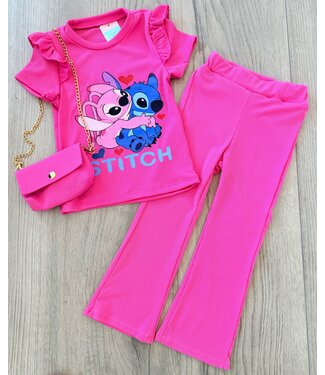 Stitch flared set (Met tasje) - Fuschia