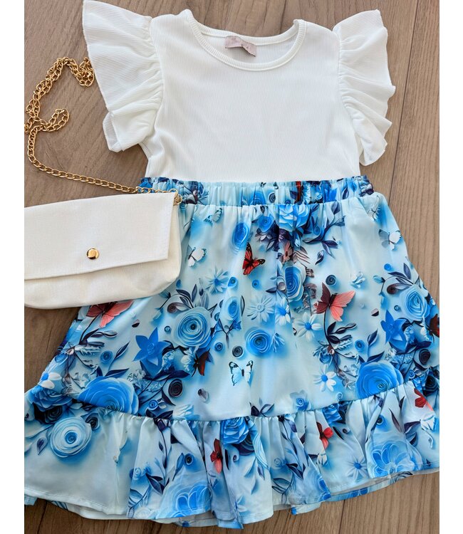 Bloemen jurk met tasje  - Blauw