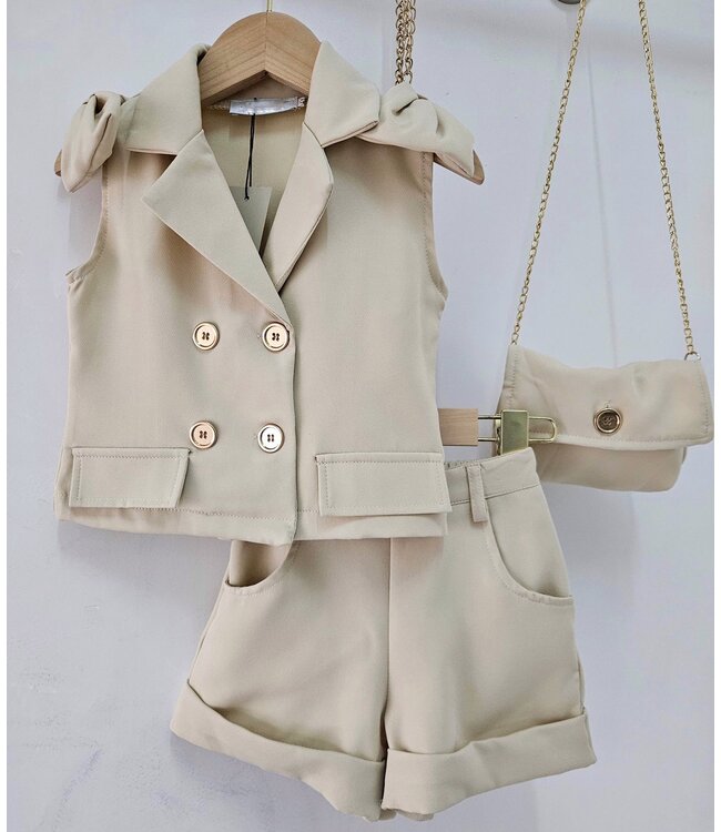 Bow Gilet & Short set (Met tasje) - Beige
